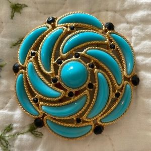 Vintage Brooch in Turquoise, Navy, and Gold   2 inches